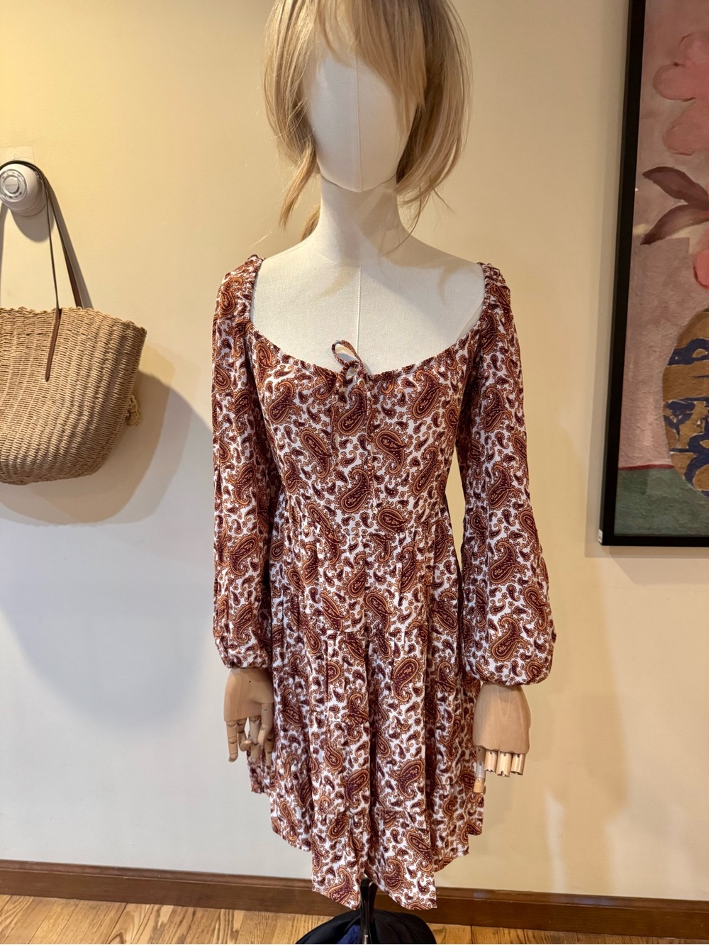 Paisley Long-Sleeve Mini Dress in Brown and Cream (Faithful to the Brand)